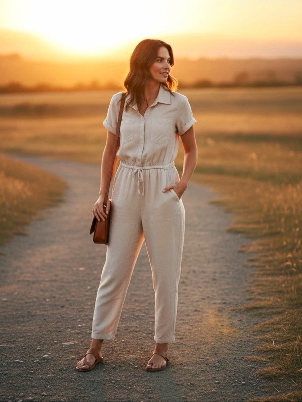 Japna Cream Short-Sleeve Drawstring Utility Jumpsuit